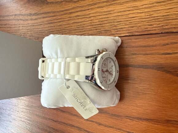 MICHELE Womens Tahitian Watch 39mm Silver, Stainless Steel, White Silicone Strap - Picture 10 of 16